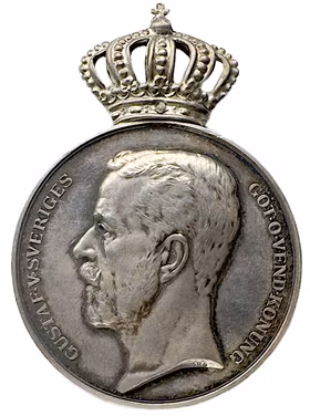 Gustav V - Kungliga Patriotiska Sällskapets belöningsmedalj utdelad till Hilmer Schelin 1949