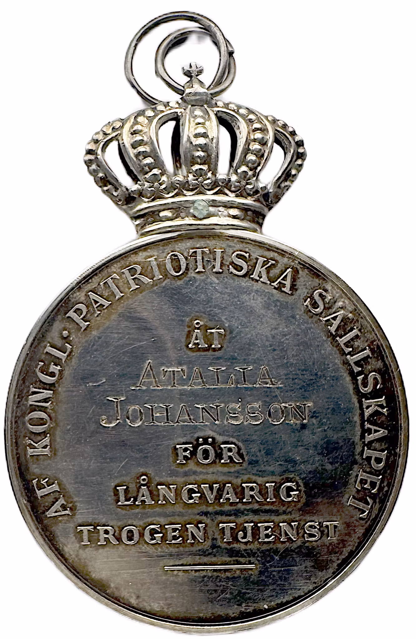 Gustav V - Kungliga Patriotiska Sällskapets belöningsmedalj utdelad till Atalia Johansson 1937