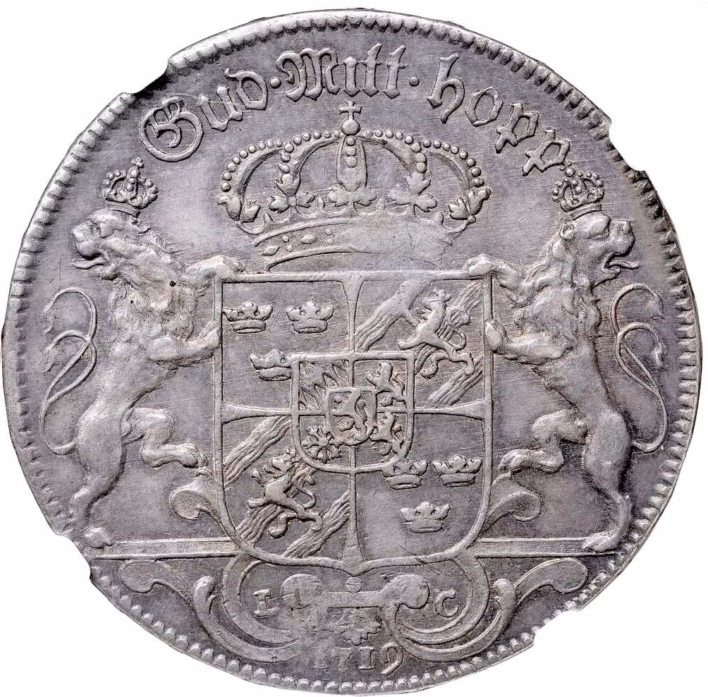 Ulrika Eleonora (1719–1720) – Stockholm, Riksdaler 1719 - Ettårstyp - Ett härligt exemplar med lyster och ljuvlig lätt originalpatina - NGC AU50 - I skuggan av syskonen