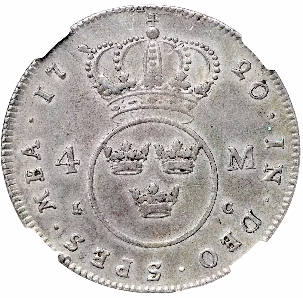 Ulrika Eleonora (1719–1720) – Stockholm, 4 Mark 1720 - Ettårstyp - Ett härligt exemplar med lyster och ljuvlig lätt originalpatina med viss kvarvarande bottenstriering - NGC AU55 - En ny era tar sin början