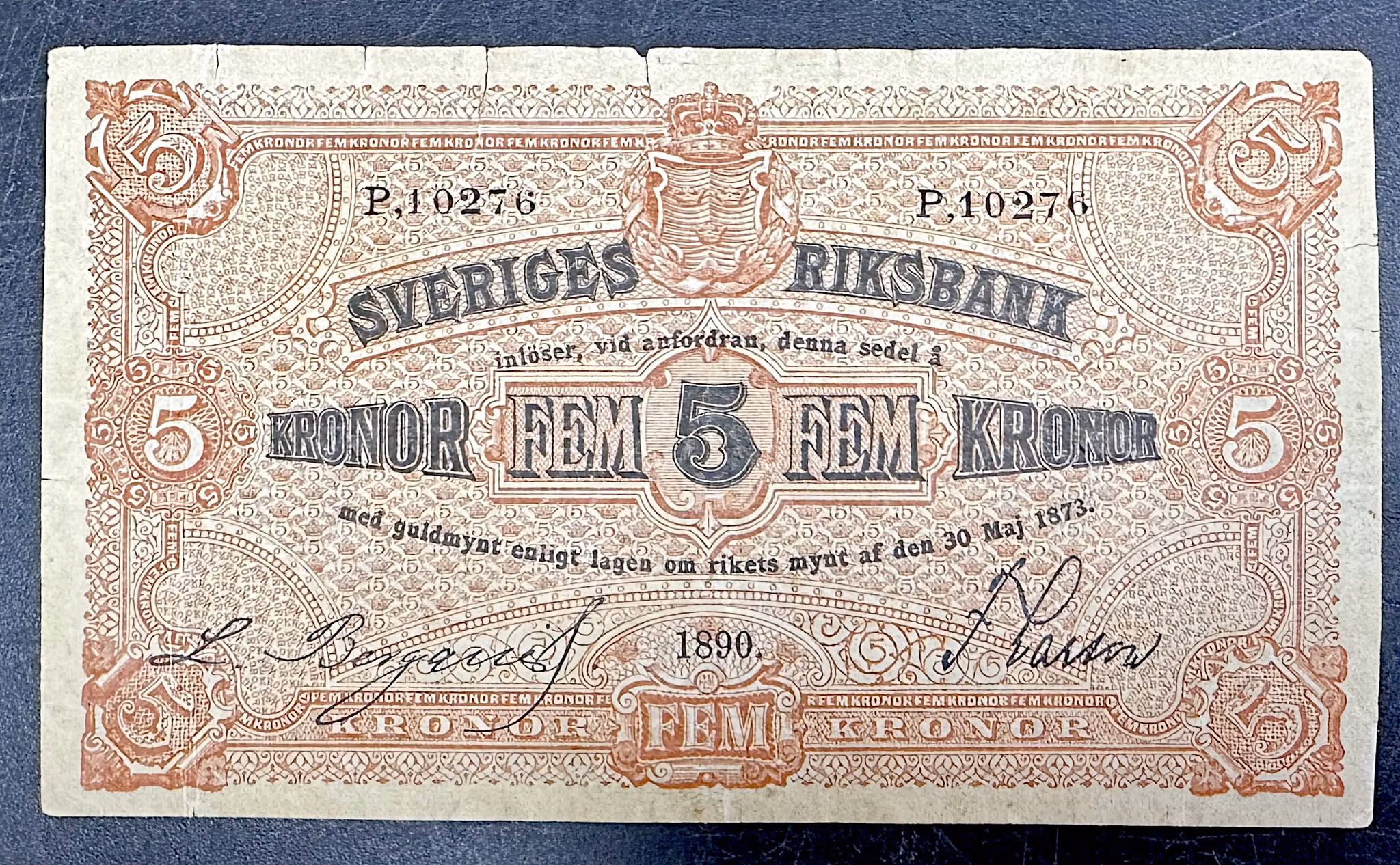 Sveriges Riksbank - 5 Kronor 1890 sedel i tilltalande kvalitet