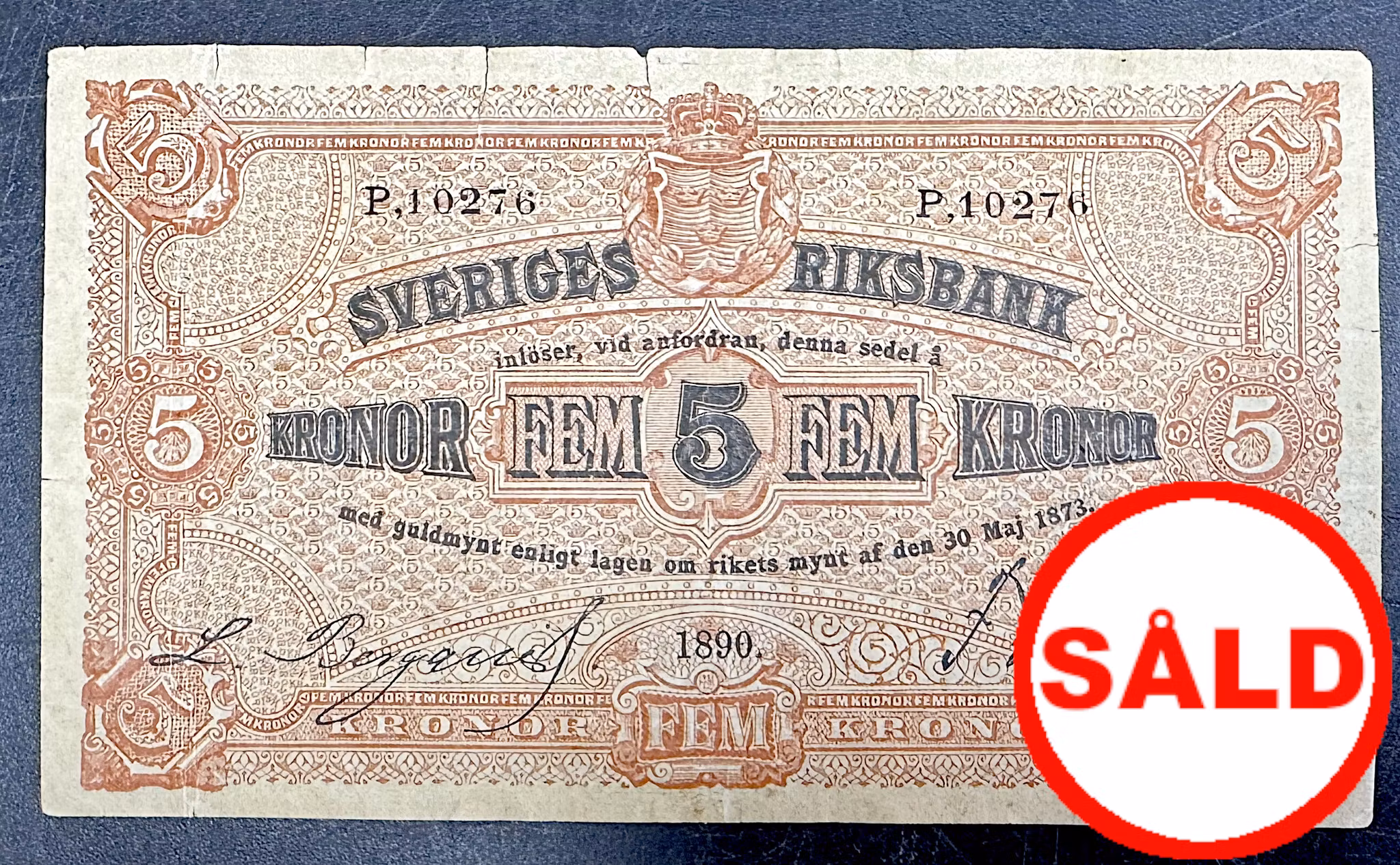 Sveriges Riksbank - 5 Kronor 1890 sedel i tilltalande kvalitet