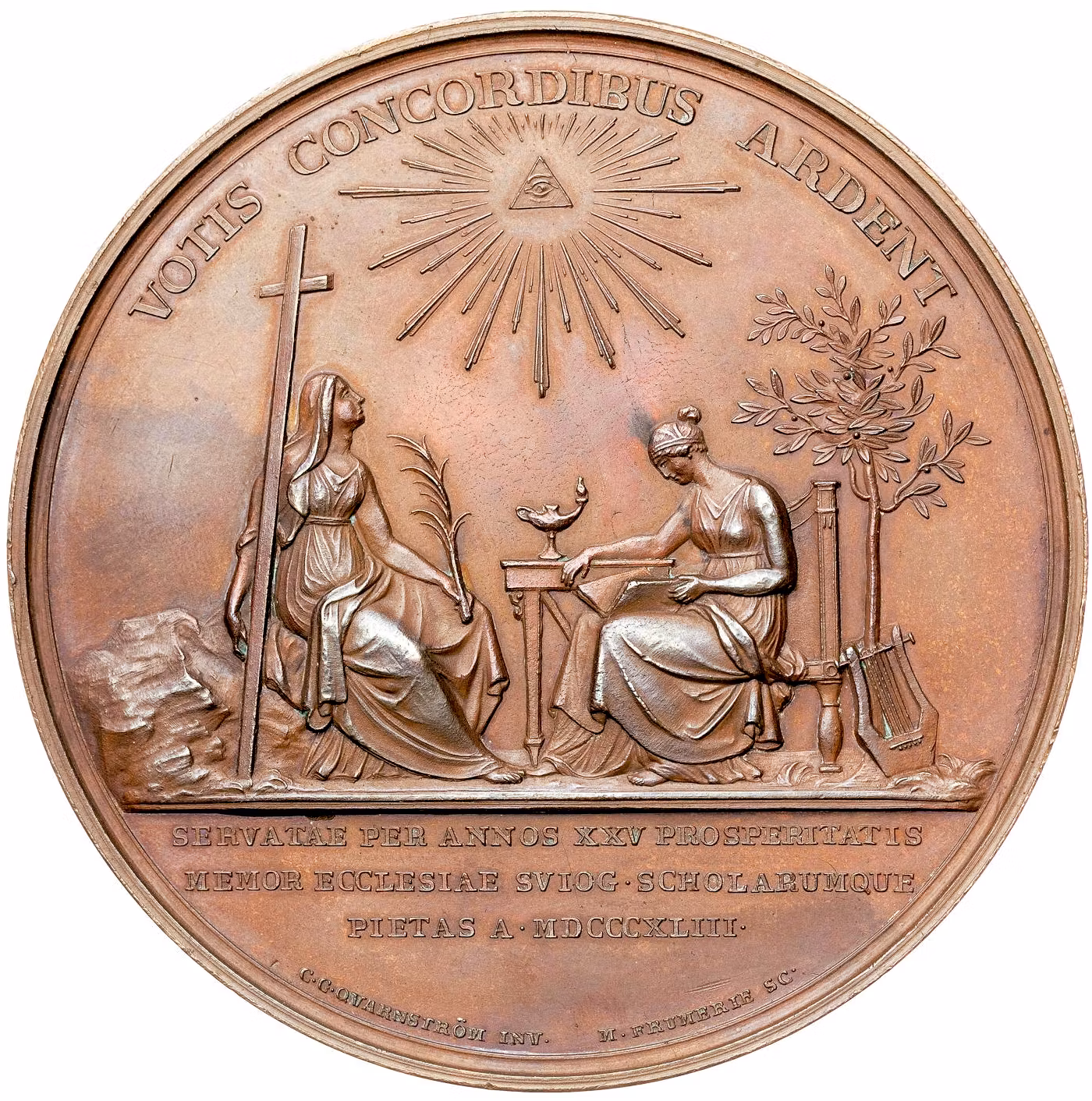 Karl XIV Johan – Kungens tjugofemåriga regeringsjubileum den 5 februari 1843 - En massiv bronsmedalj i hög relief och i den allra största medaljstorleken