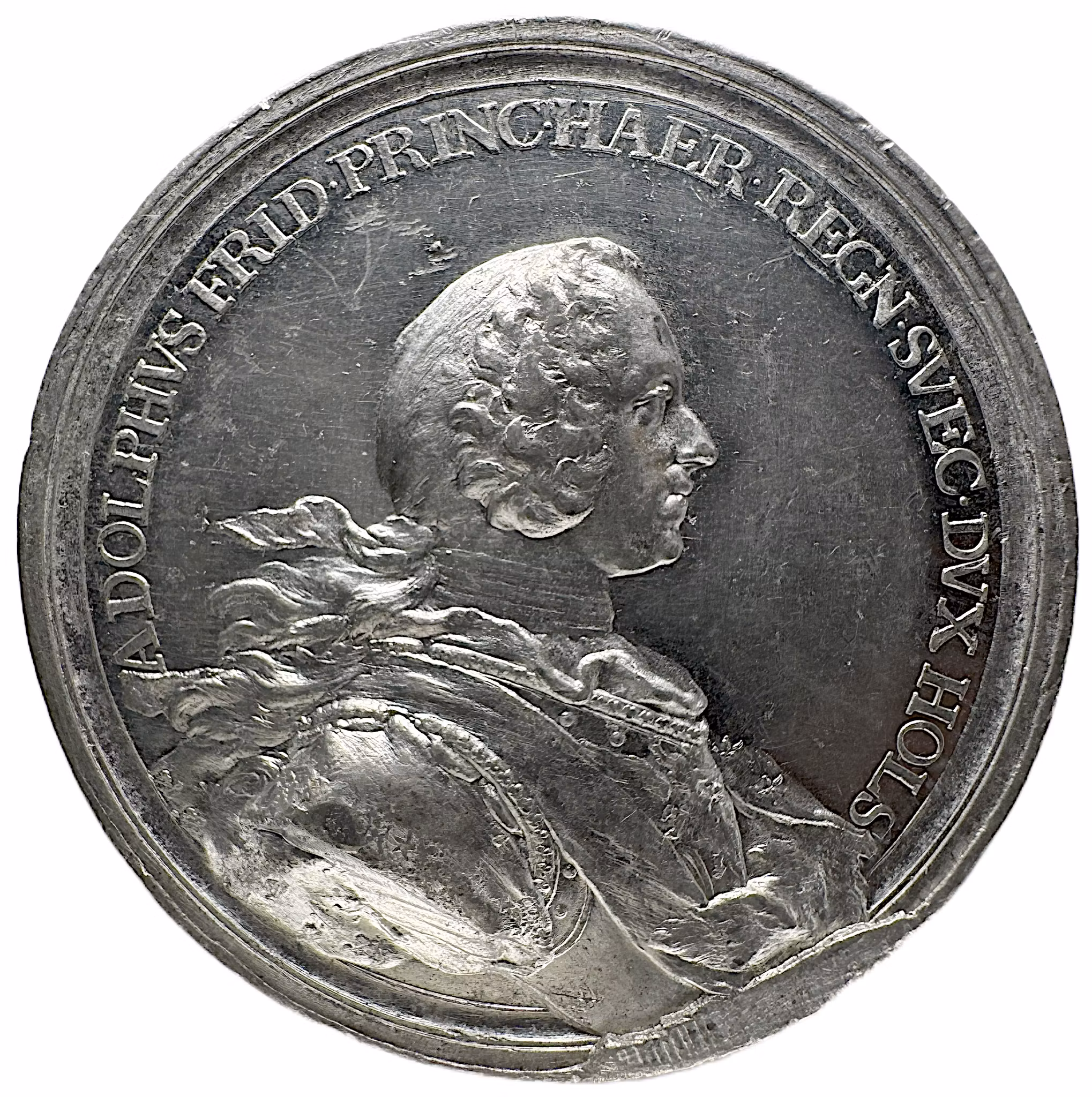 Adolf Fredrik – Vald till svensk tronföljare den 23 juni 1743 - En pampig och extremt sällsynt tennmedalj graverad av Nils Georgii - RR