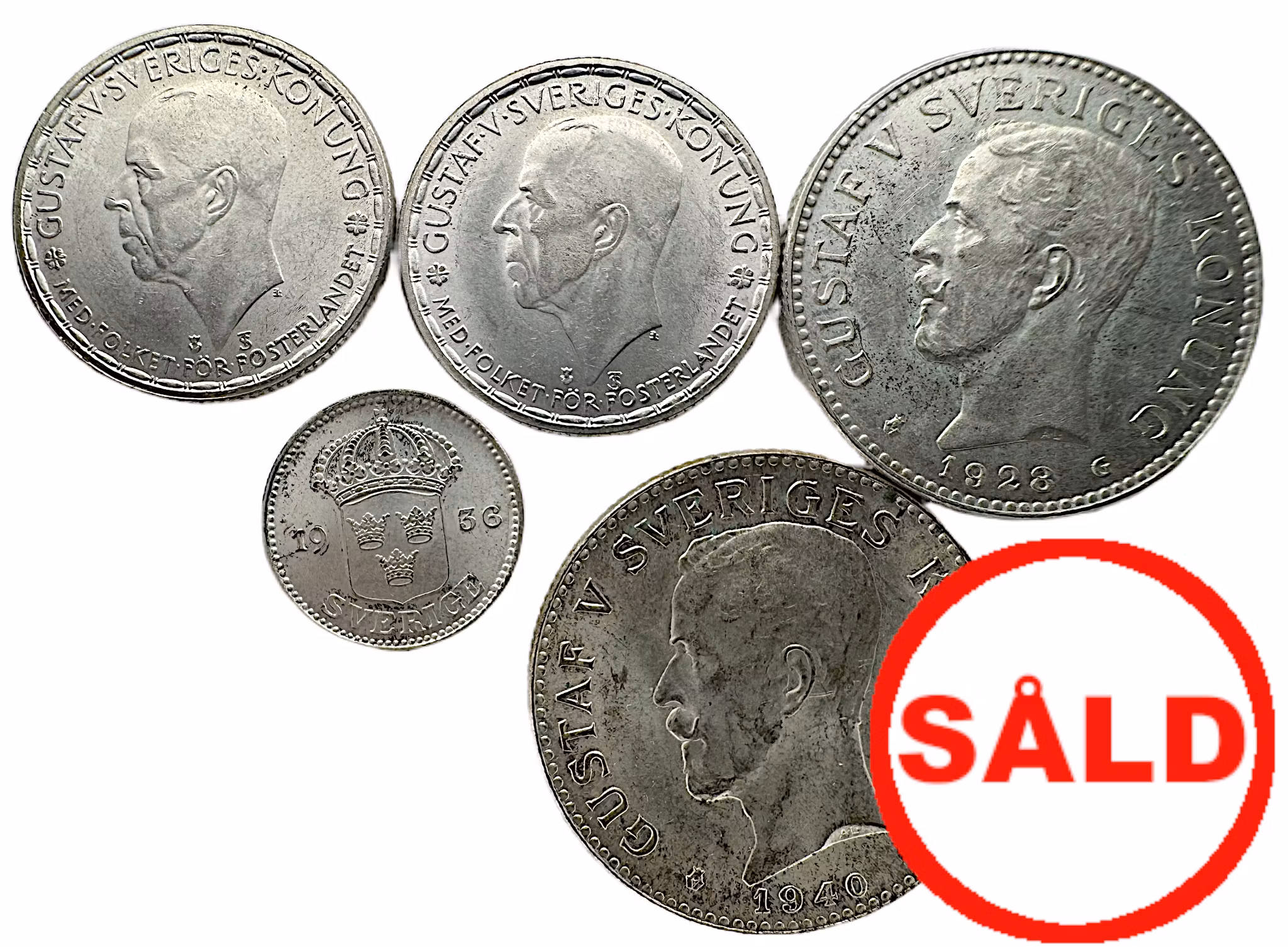 Gustav V - 5 vackra silvermynt - bra startpaket för din samling