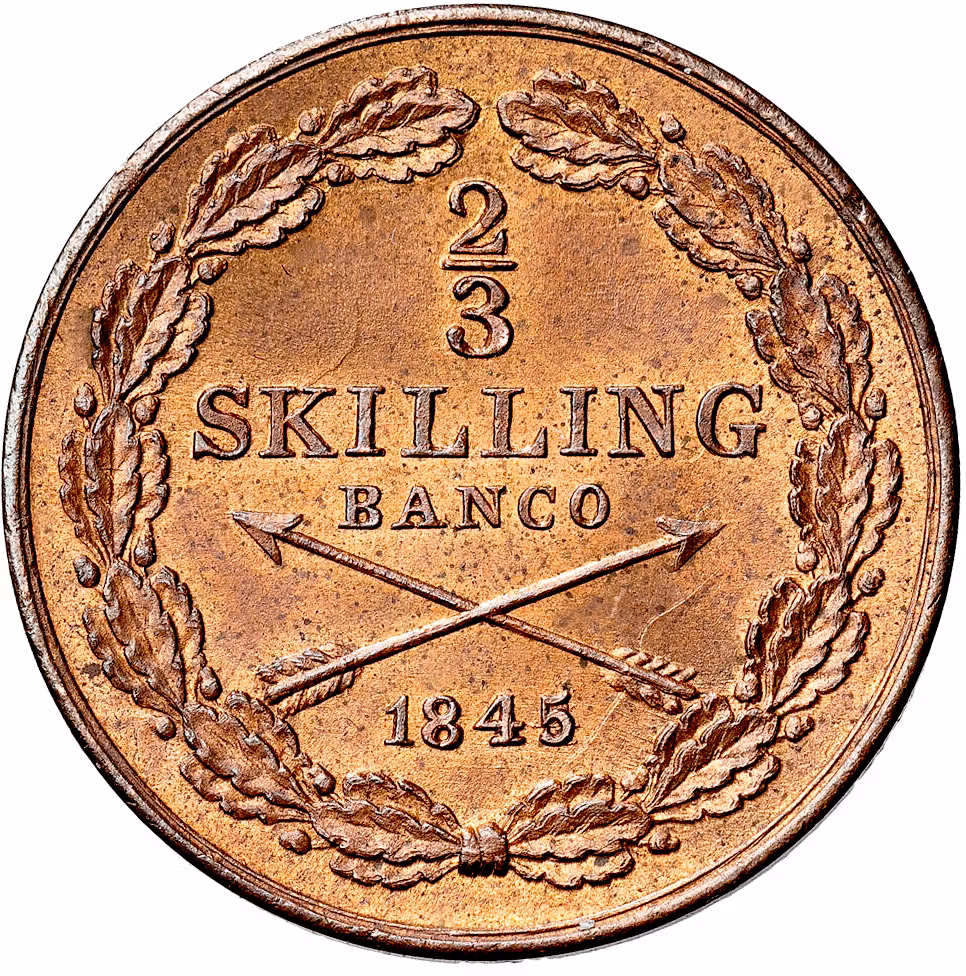 Oskar I (1844-1859) - 2/3 Skilling 1845 med brett huvud och underbart rött exemplar