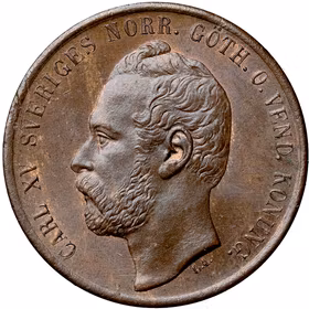 Karl XV (1859-1872). Stockholm, 5 öre 1866. Sista årtalssiffran omgraverad från en 5:a. Härligt exemplar med skön brun-röd lyster