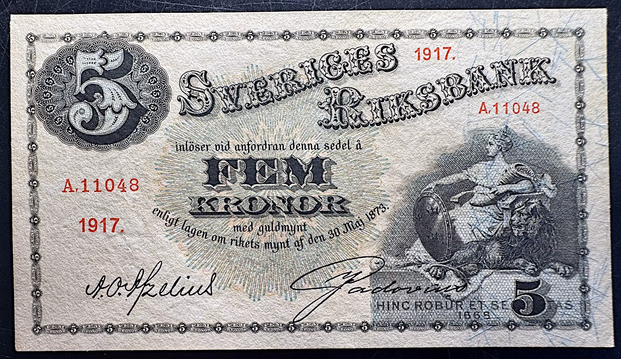 Sveriges Riksbank - Sedel - 5 Kronor 1917 - Ovikt praktexemplar
