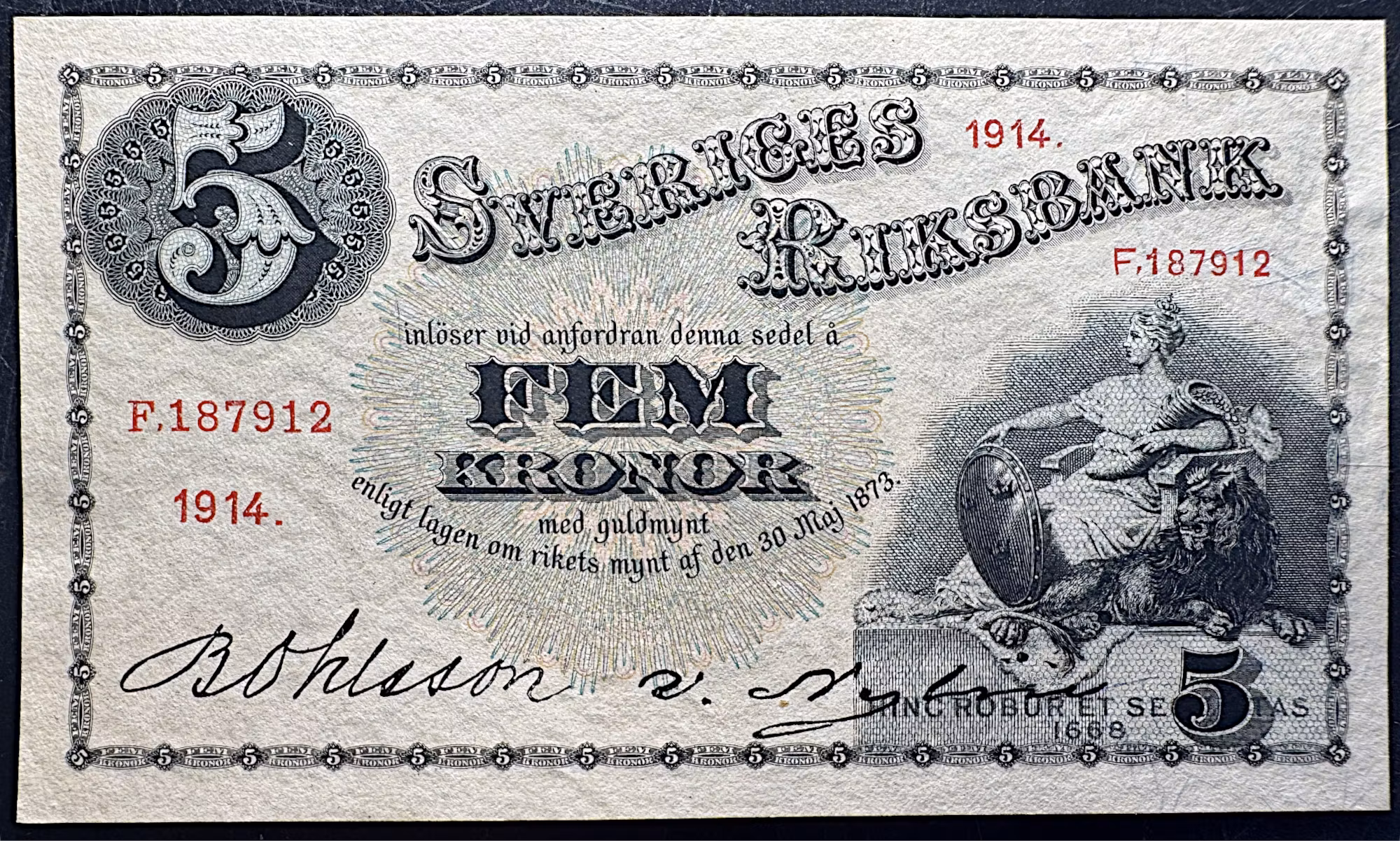 Sveriges Riksbank - Sedel - 5 Kronor 1914 - Ovikt praktexemplar med full fräschör