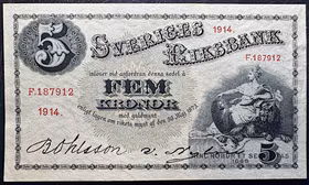 Sveriges Riksbank - Sedel - 5 Kronor 1914 - Ovikt praktexemplar med full fräschör