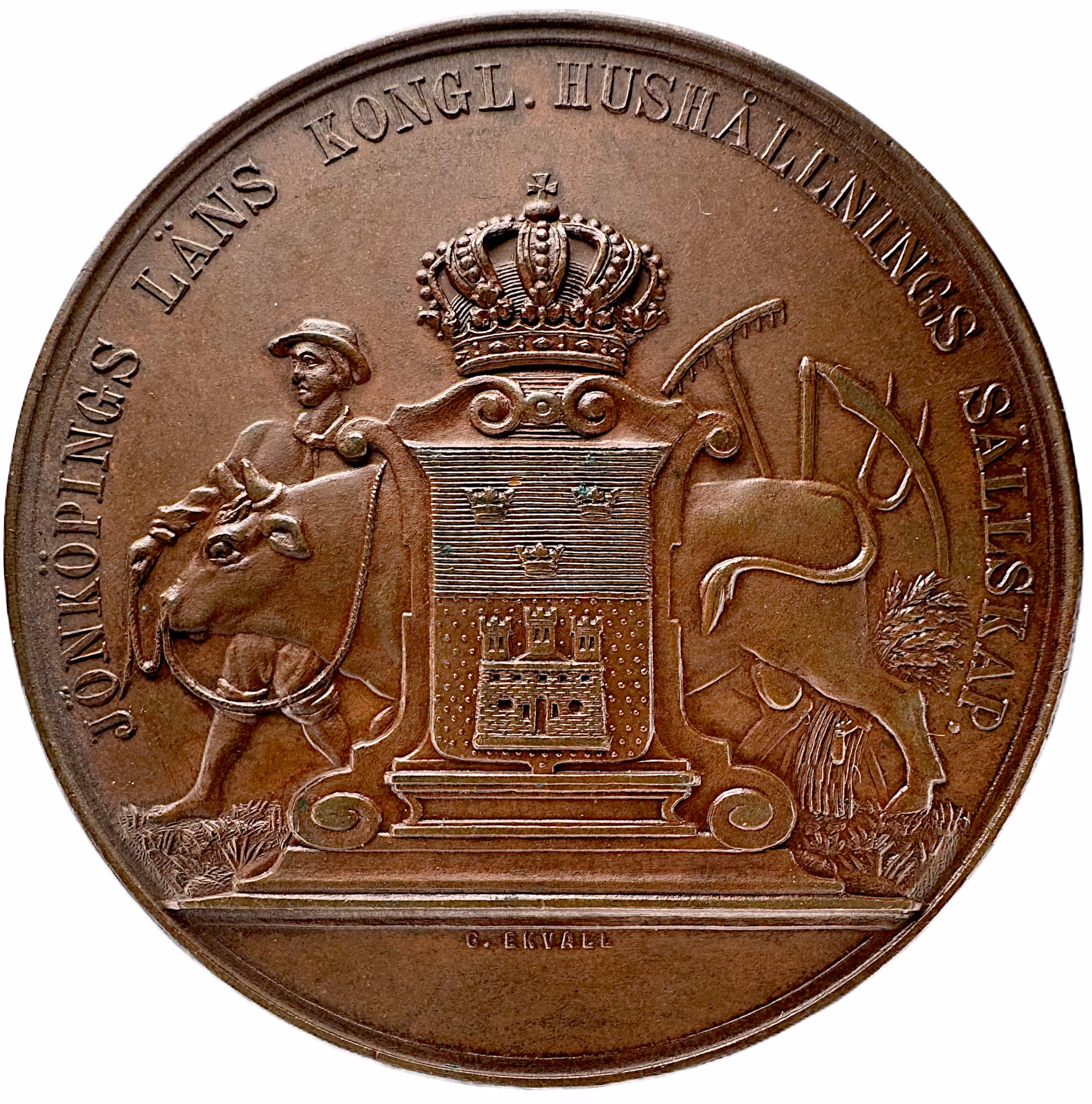 Prismedalj för nötboskapsavel (1888) av Gustaf Ekvall för Jönköpings läns kongl. hushållningssällskap 1888 - RAR - Plogen, oxen och landskapets framtid: Jönköpings läns agrara arv