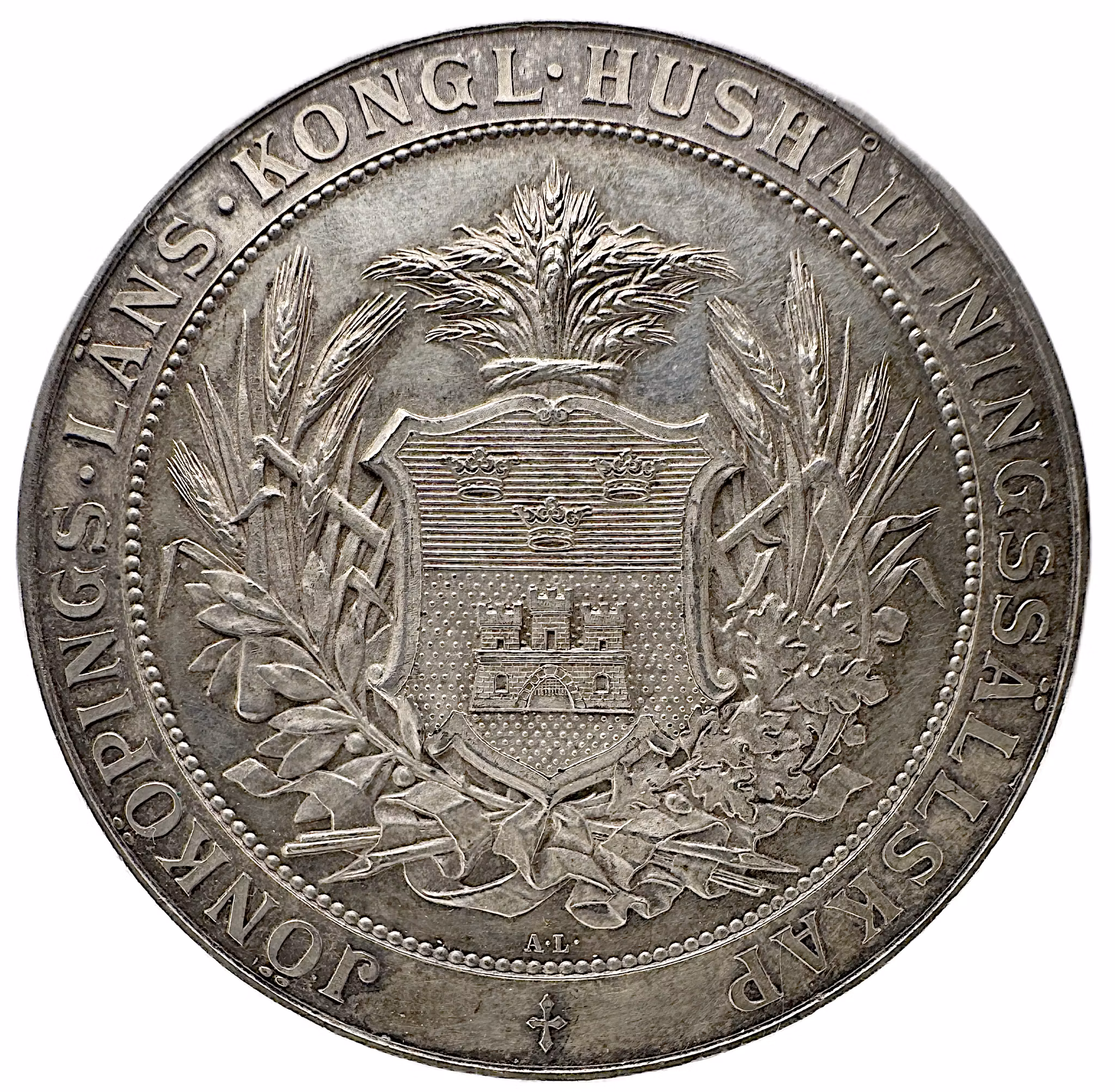 Gustav V: Jönköpings läns kungliga hushållningssällskap 1910 av Adolf Lindberg - Mycket vacker och sällsynt stor silvermedalj