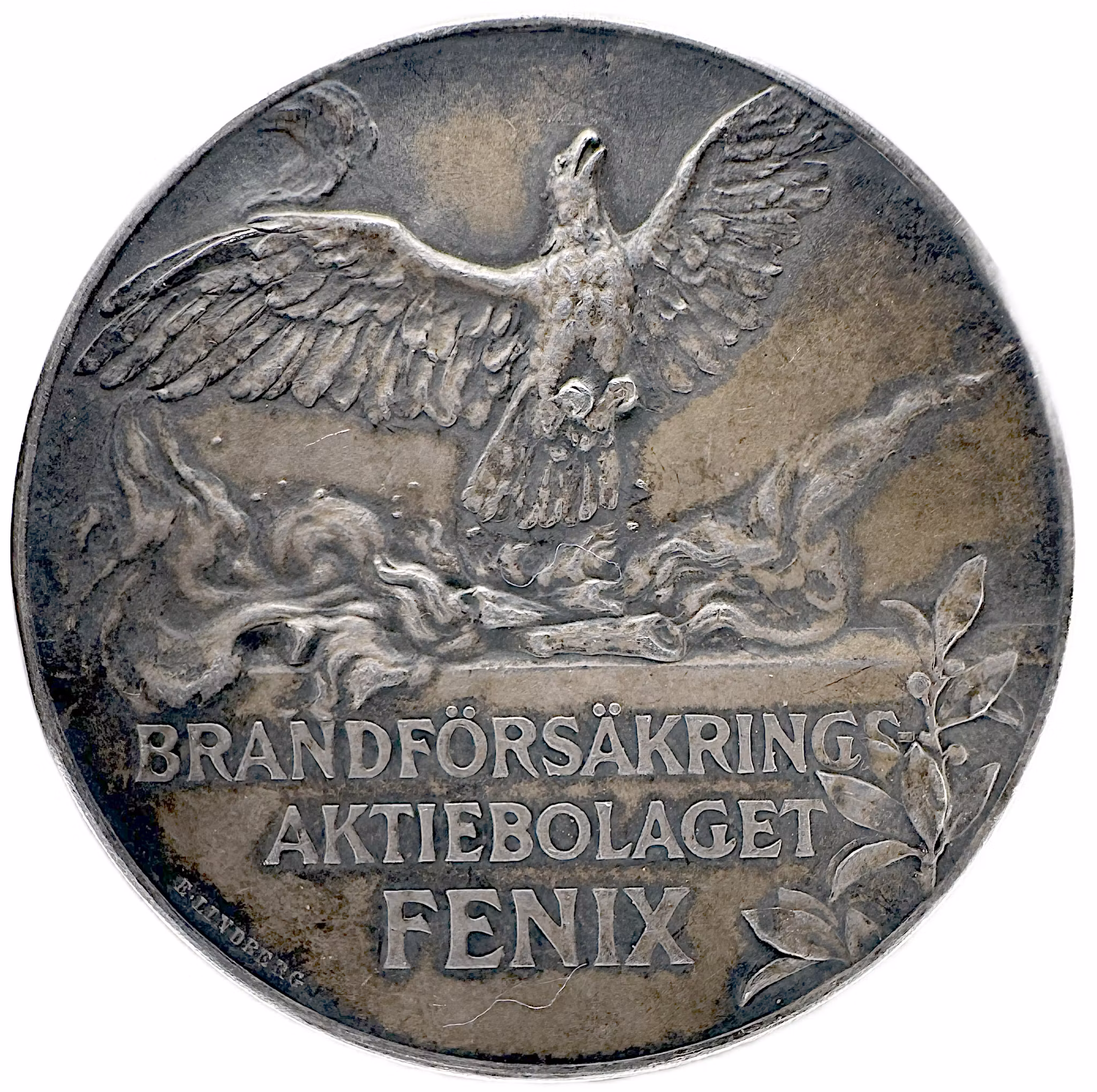 Oskar II - Brandförsäkringsaktiebolaget Fenix förtjänstmedalj av Erik Lindberg (1899) - Tilldelad A. D. Berggren - Ett 10-årsjubileum i silver - Sällsynt