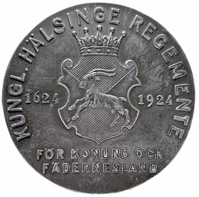 Gustav V - Kungliga Hälsinge regemente 1624–1924 - En historiskt intressant och läcker jubileumsmedalj i silver med blåskimrande patina - Tre sekler i kronans tjänst