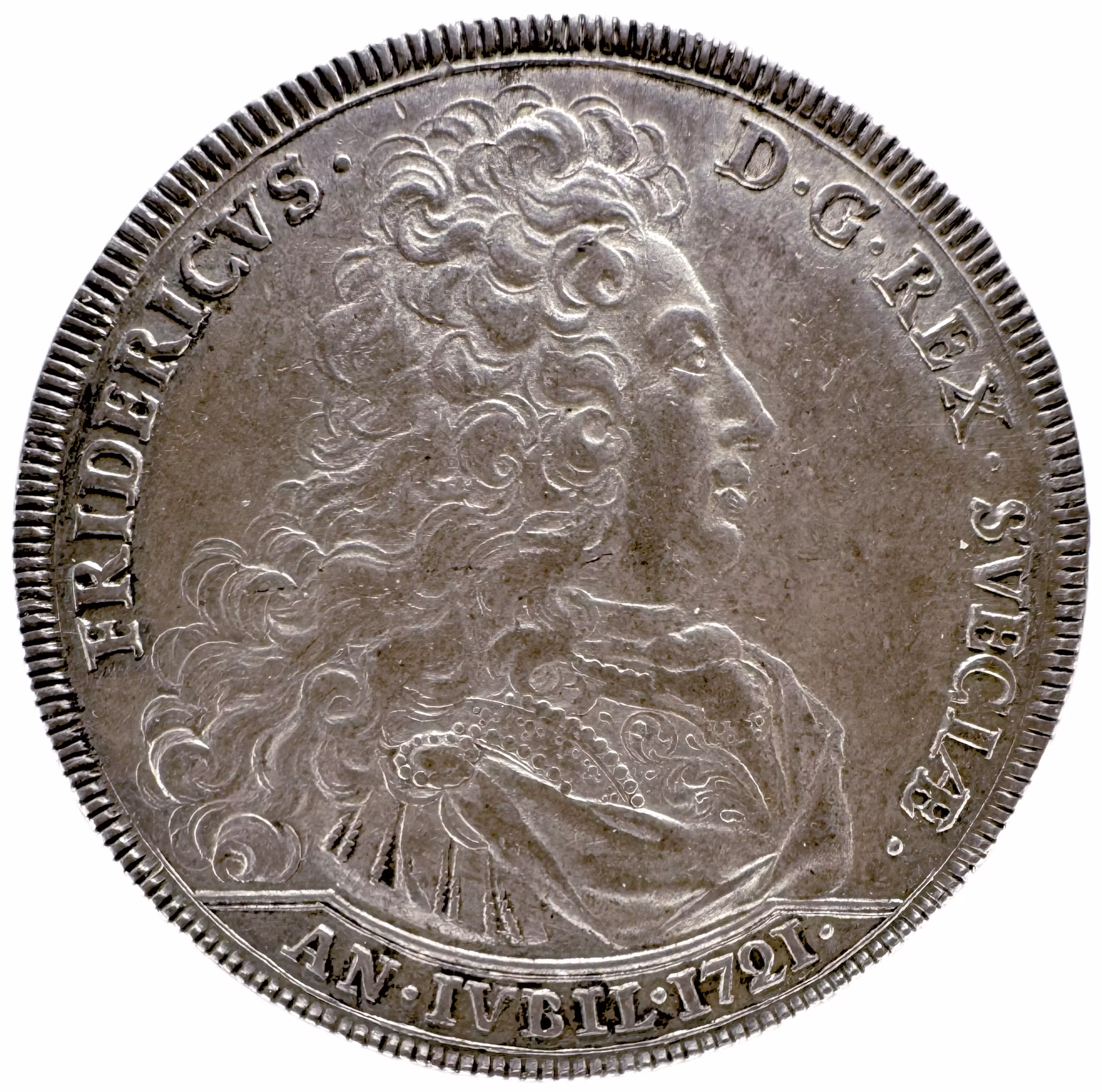 Fredrik I (1720-1751): Stockholm, Jubileumsriksdaler 1721 - Ett exemplar med underbar lyster och eye-appeal - Ett sargat rike och sökandet efter legitimitet
