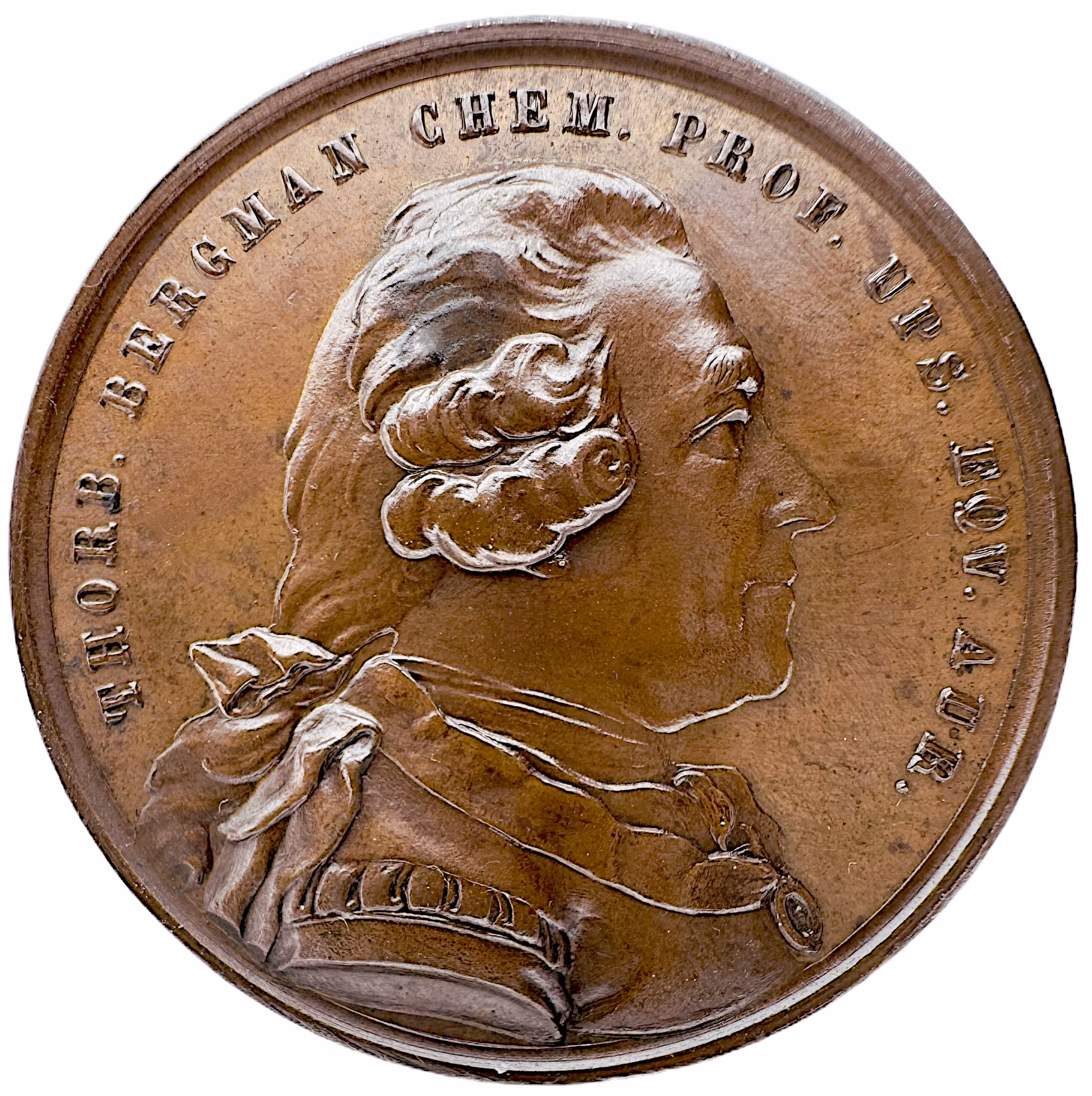 Torbern Bergman (1735–1784) utgiven av Svenska Akademien 1859 -  En underbar bronsmedalj, tekniskt ocirkulerad, präglad i hög relief, hårt slagen med höga kanter. Full lyster med sametsglänsande fält