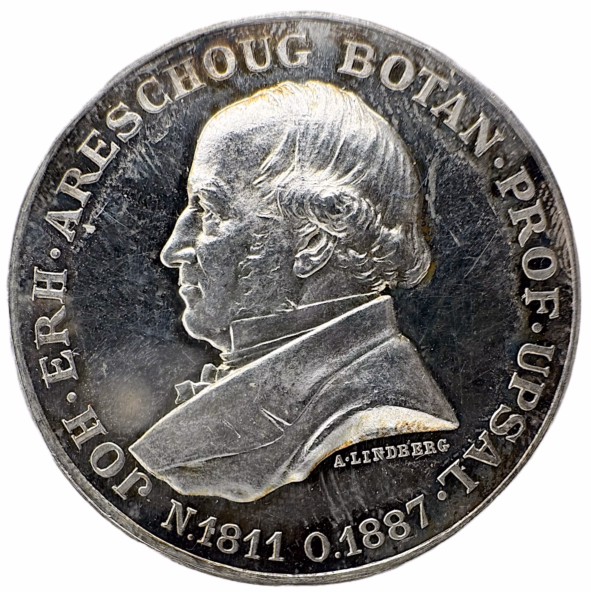 Johan Erhard Areschoug (1811–1887) åtsida av Adolf Lindberg och frånsida av sonen Erik Lindberg för Kungliga Vetenskapsakademien 1899 - Algernas herre och mikroskopets magi