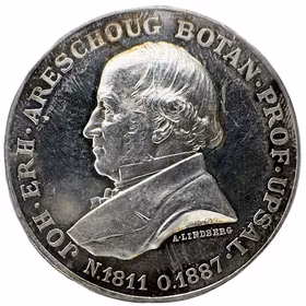 Johan Erhard Areschoug (1811–1887) åtsida av Adolf Lindberg och frånsida av sonen Erik Lindberg för Kungliga Vetenskapsakademien 1899 - Algernas herre och mikroskopets magi