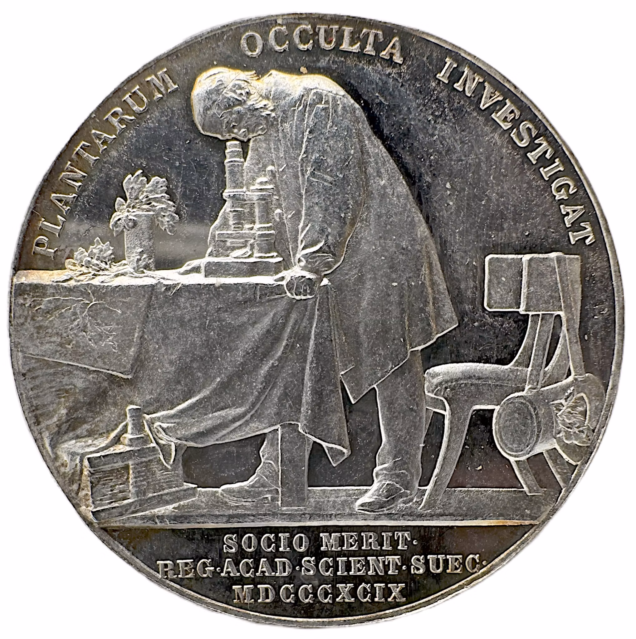 Johan Erhard Areschoug (1811–1887) åtsida av Adolf Lindberg och frånsida av sonen Erik Lindberg för Kungliga Vetenskapsakademien 1899 - Algernas herre och mikroskopets magi