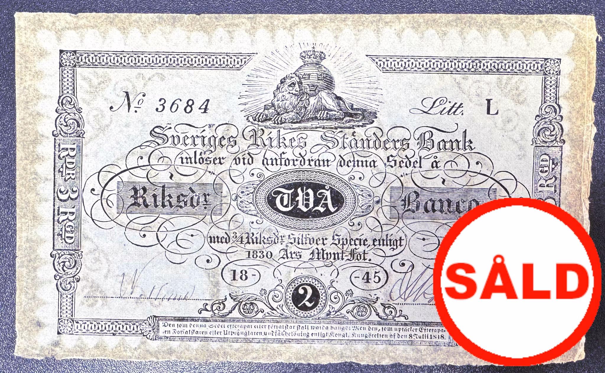 Sveriges rikes ständers bank, 2 Riksdaler banco 1845 - Ett vackert ovikt exemplar, krispt och fräscht - Mycket sällsynt i detta skick