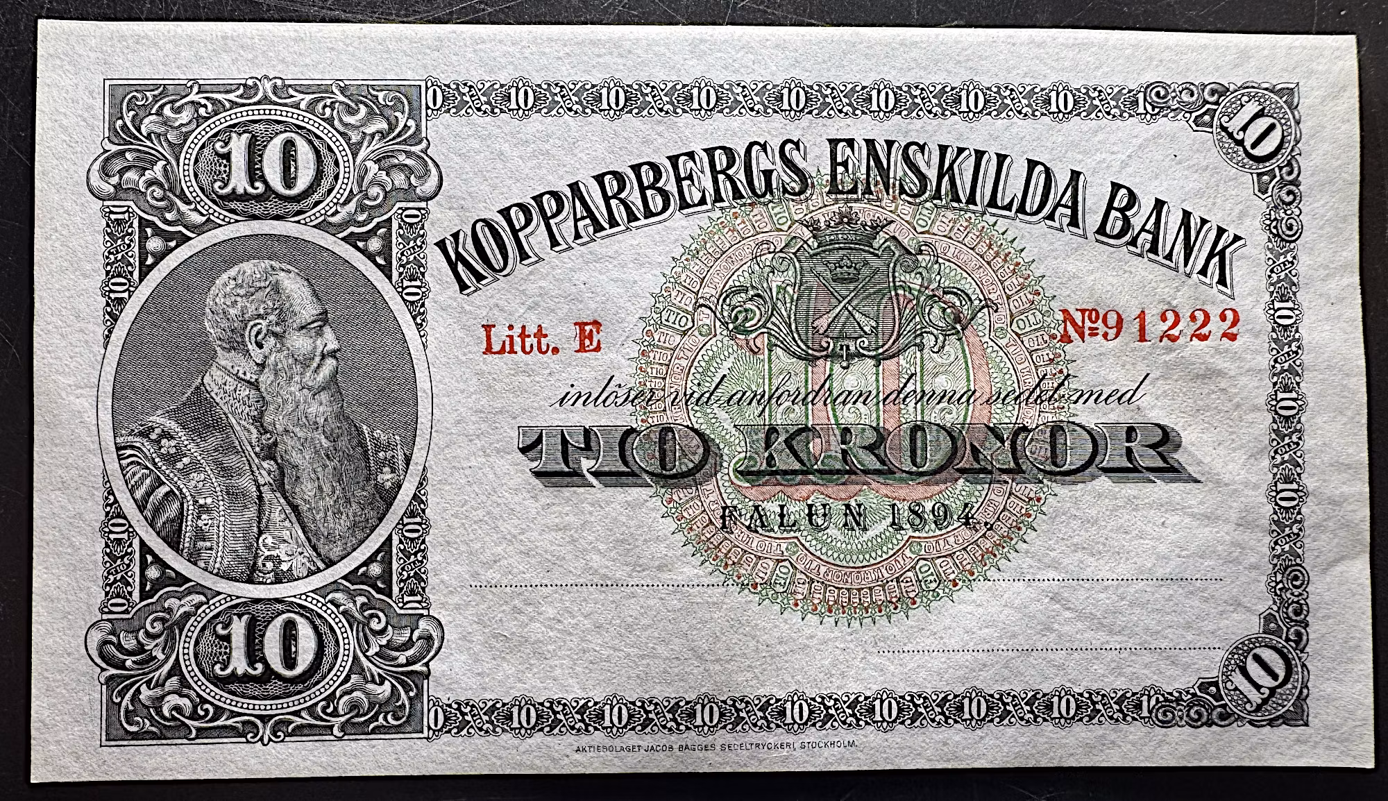 Kopparbergs Enskilda Bank – 10 kronor 1894 - Med en detaljerad gravyr av Falu Koppargruva