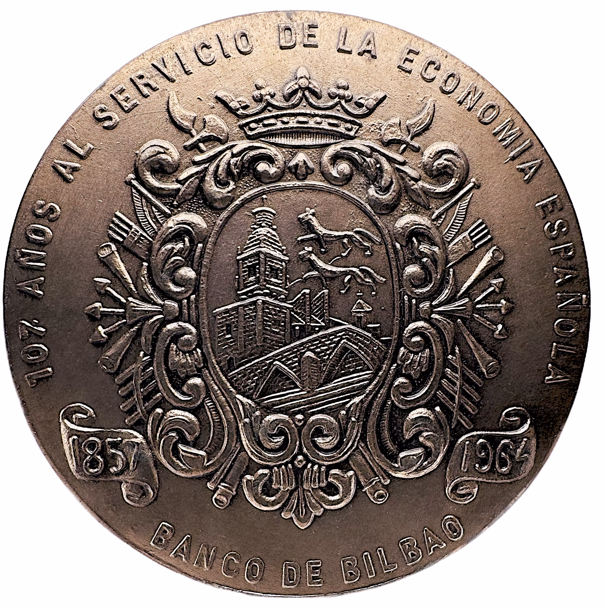SPANIEN - Banco de Bilbao (1857–1964) – 107-årsjubileum och grundandet av Banco Industrial de Bilbao - Massiv bronsmedalj - Industrins motor i norra Spanien