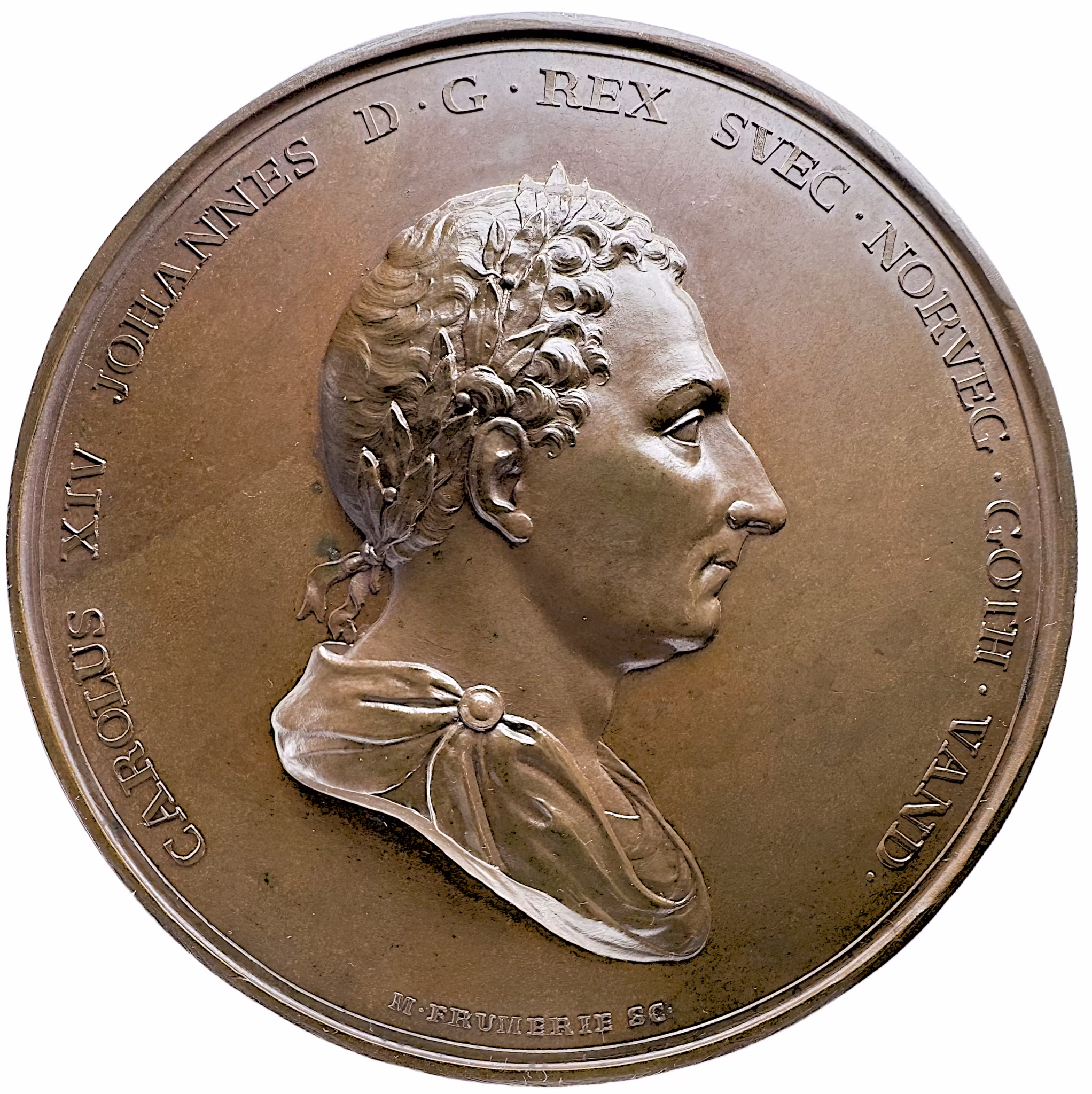 Karl XIV Johan – Kungens tjugofemåriga regeringsjubileum den 5 februari 1843 - En massiv bronsmedalj i hög relief, full lyster och i den allra största medaljstorleken. Graverad av Mauritz Frumerie