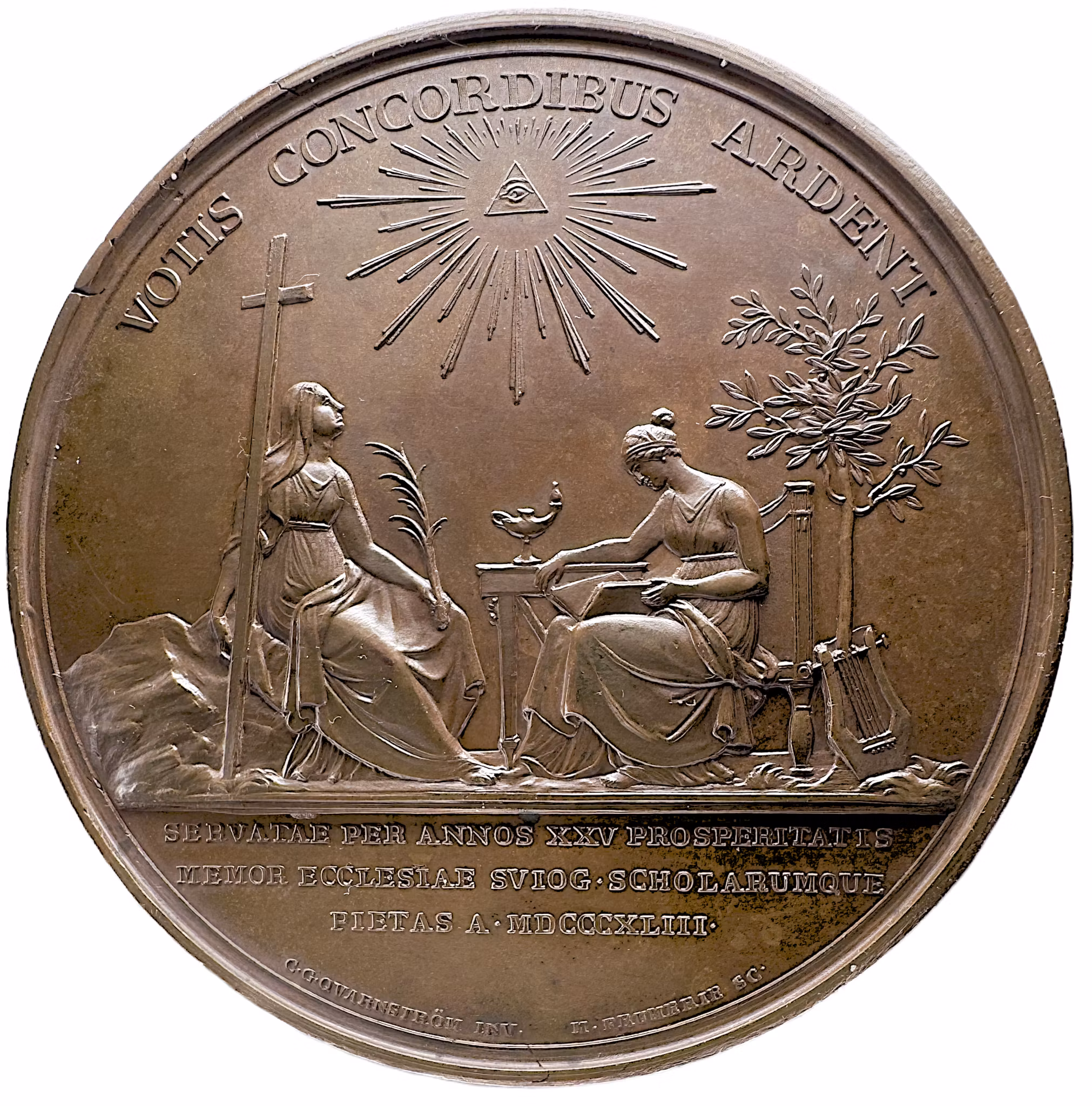 Karl XIV Johan – Kungens tjugofemåriga regeringsjubileum den 5 februari 1843 - En massiv bronsmedalj i hög relief, full lyster och i den allra största medaljstorleken. Graverad av Mauritz Frumerie