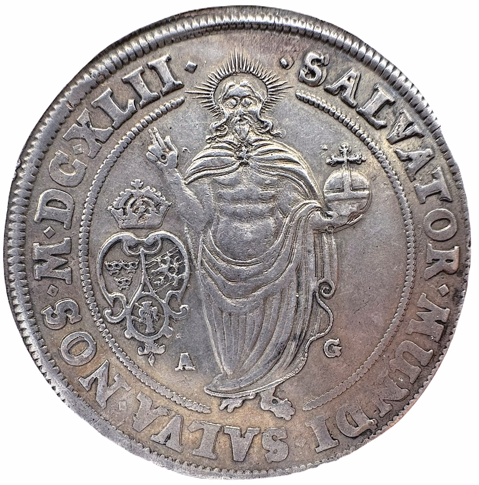 Kristina, Riksdaler 1642 Stockholm - Bra lyster, frälsaren underbart utpräglad. Myntmästarmärke AG i fälten, vid sidan av frälsaren