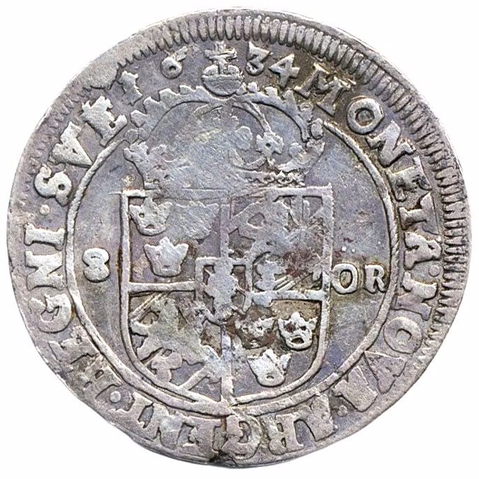 Drottning Kristina (1632–1654) – 8 öre 1634 - Ett jämnt och fint exemplar med detaljrikedom -  Förmyndarstyrelsen och ett lärdomens underverk