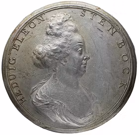Hedvig Eleonora Tessin (1655-1714) av Johann Carl Hedlinger - Exceptionellt sällsynt massiv tennmedalj - proveniens friherre Bonde - Enda noterade i privat ägo - Etikettstrider och adligt övermod