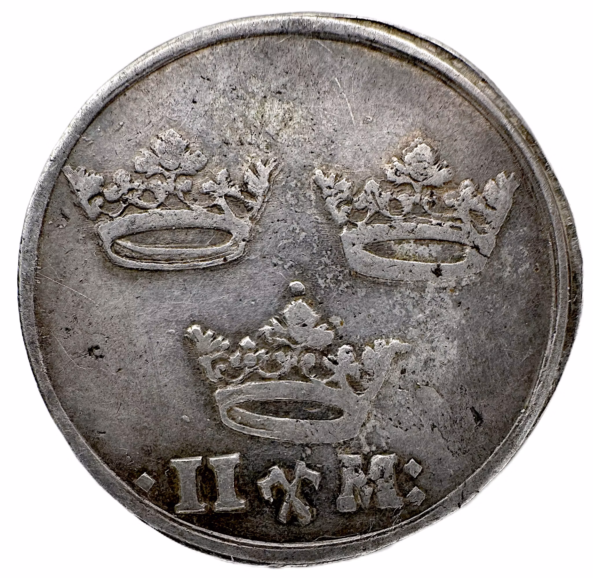Karl X Gustav, Stockholm, 2 Mark utan årtal (1654) - Ett lysterrikt, hårt slaget exemplar med höga kanter. Härligt distinkt porträtt. Underbar blåguldskimrande originalton