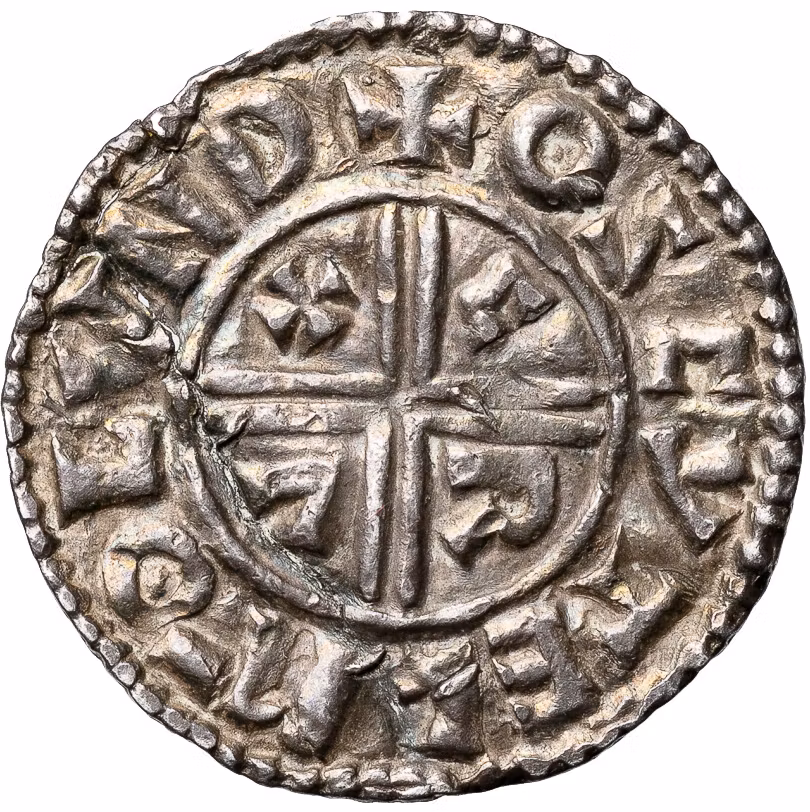 Vikingatida silvermynt, England, Æthelred II (978-1016). London. Penny, Crux typ - Vackert fullt lystrigt exemplar