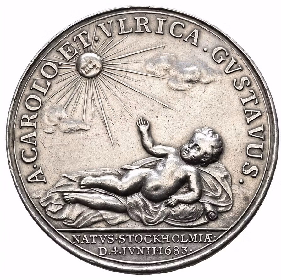 Karl XI - SIlvermedalj 1683 av Arvid Karlsteen till minne av sonen Gustav födelse - EXTREMT SÄLLSYNT - Det karolinska enväldet och en tryggad dynasti
