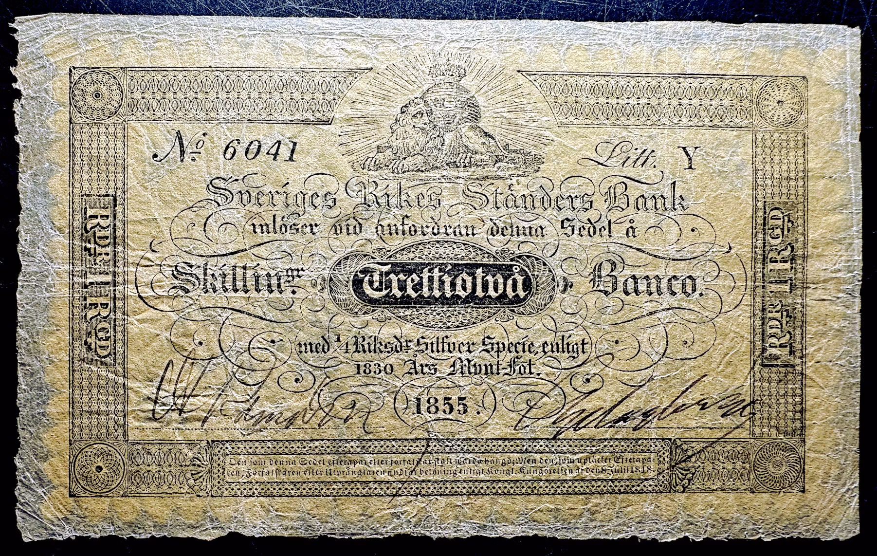 Sveriges rikes ständers bank - Sedel om 32 skilling banco 1855