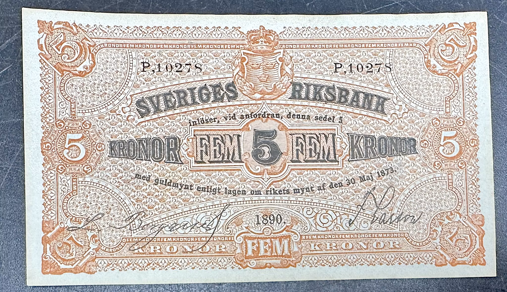 Sveriges Riksbank Sedel - 5 Kronor 1890 - Ovikt toppexemplar - Mycket sällsynt