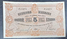 Sveriges Riksbank Sedel - 5 Kronor 1890 - Ovikt toppexemplar - Mycket sällsynt