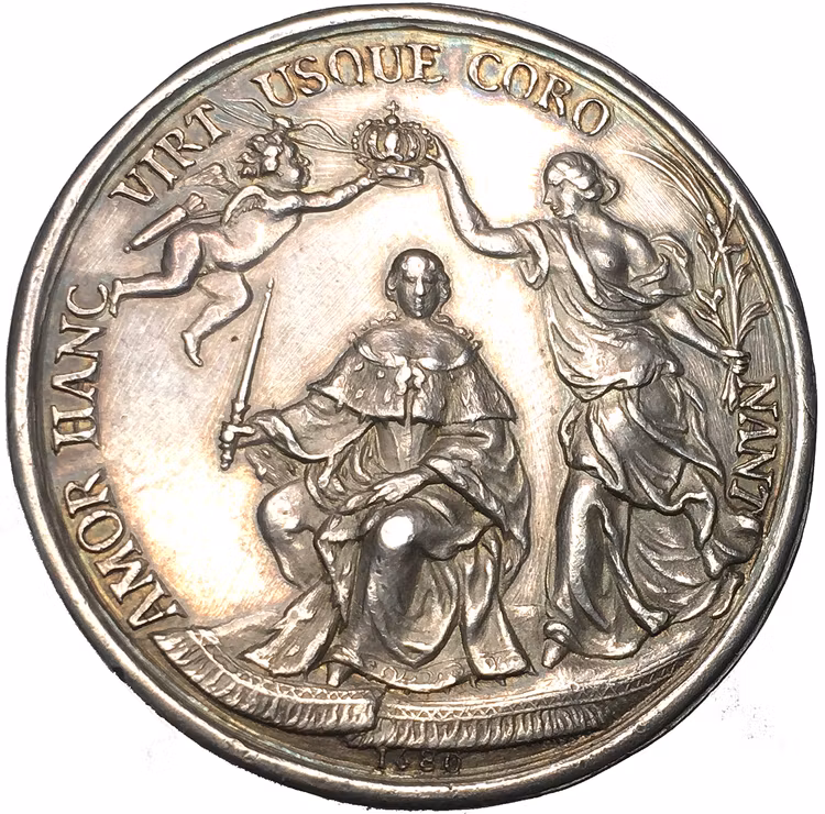Ulrika Eleonora dä:s kröning 1680 av Anton Meybusch - En vacker kröningsmedalj av kastmyntskaraktär i hög relief