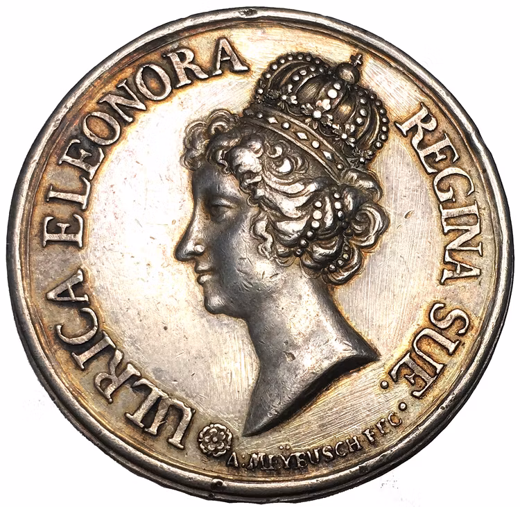 Ulrika Eleonora dä:s kröning 1680 av Anton Meybusch - En vacker kröningsmedalj av kastmyntskaraktär i hög relief