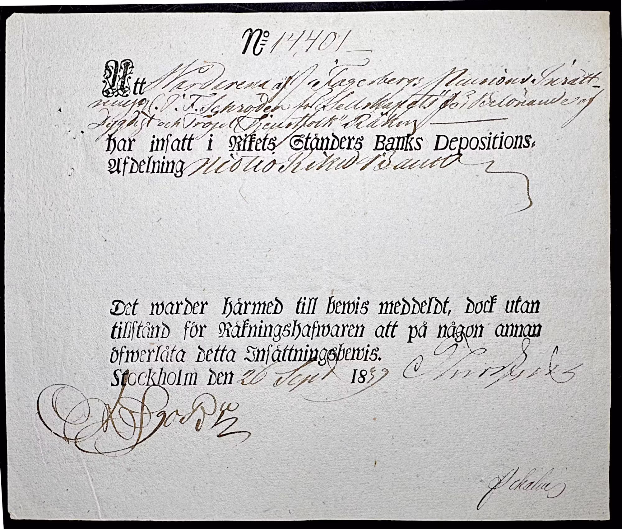 Depositionsbevis om 90 Riksdaler Banco insatt i Riksens ständers bank den 20 september 1839