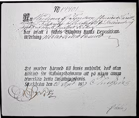 Depositionsbevis om 90 Riksdaler Banco insatt i Riksens ständers bank den 20 september 1839
