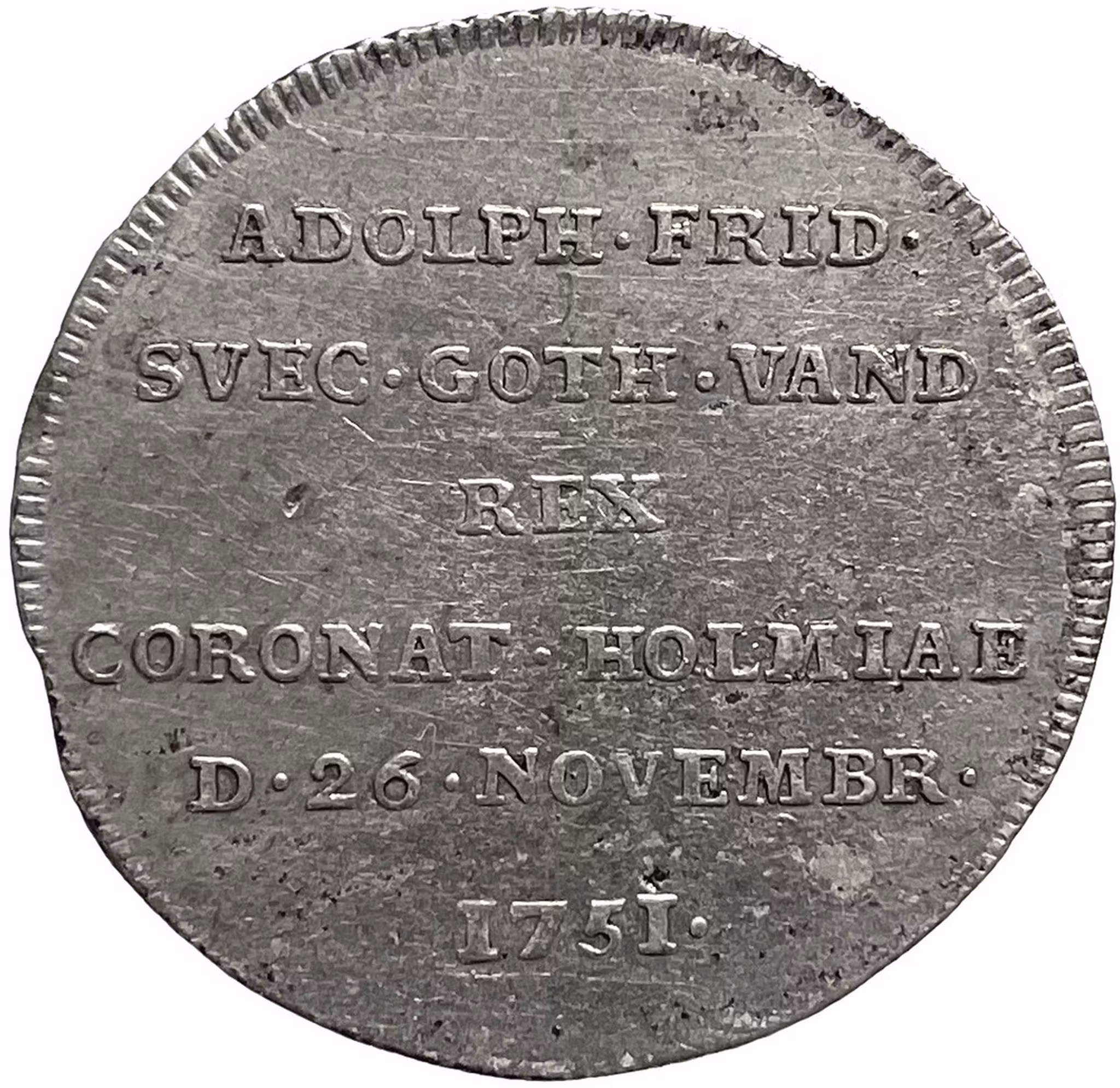 Adolf Fredrik - 2 Mark 1751 - Kastmynt till konungens kröning - Kröningen och kastmyntens politiska budskap