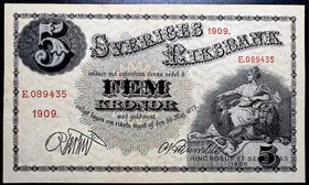 Sveriges Riksbank - Sedel om 5 Kronor 1909 - Ett ovikt exemplar med full fräschör i pappret - Mycket sällsynt i denna kvalitet