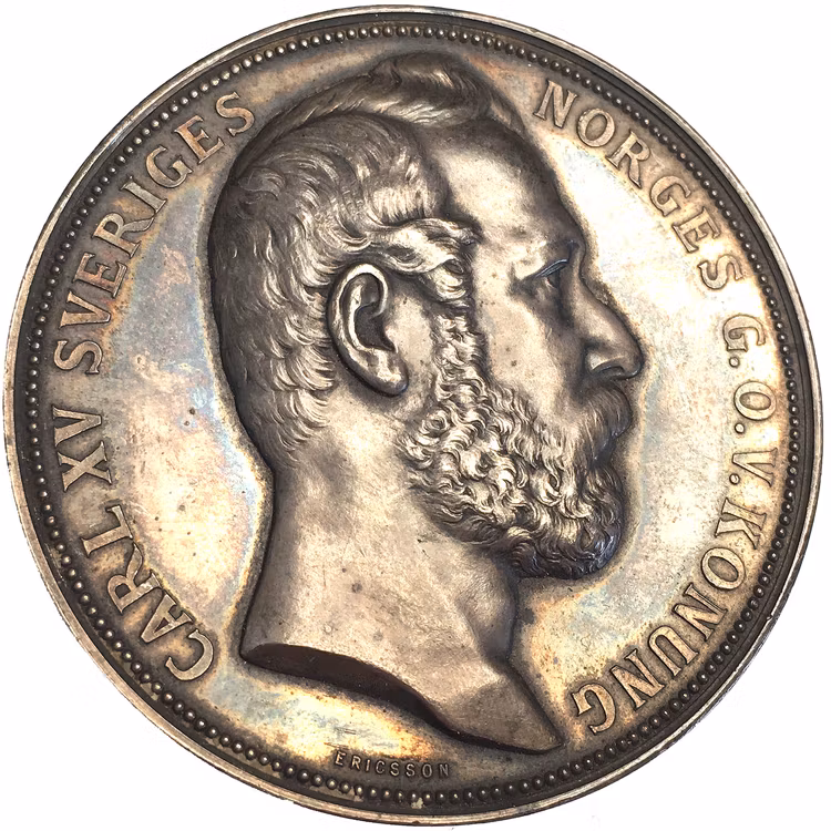 Karl XV (1859–1872) – Världsutställningen i Stockholm 1866 med randskrift "FRIHERRE FAB. J. WREDE JURYMAN"
