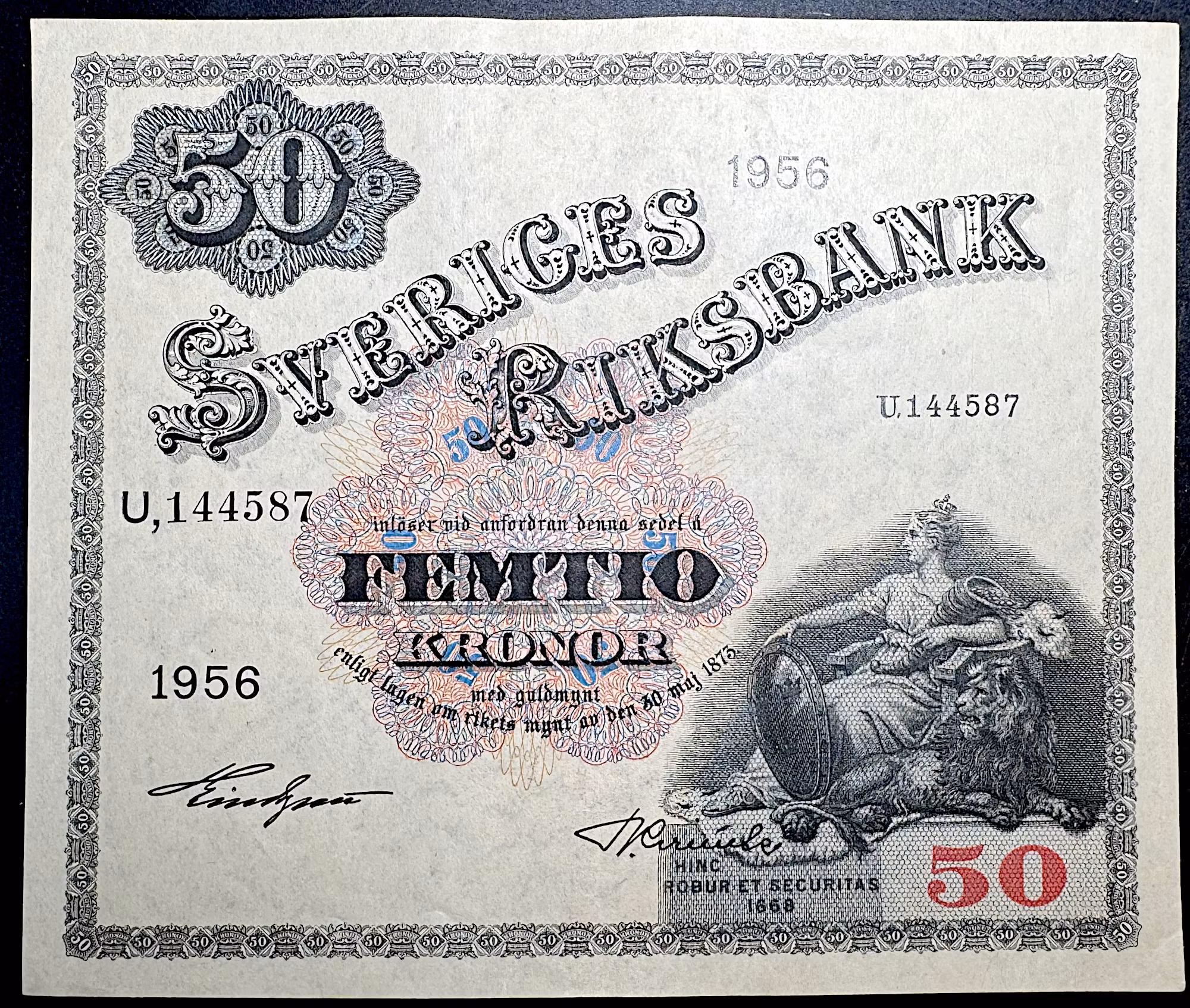 Sveriges Riksbank, sedel om 50 Kronor 1956 - Fräscht ovikt exemplar med krispigt papper