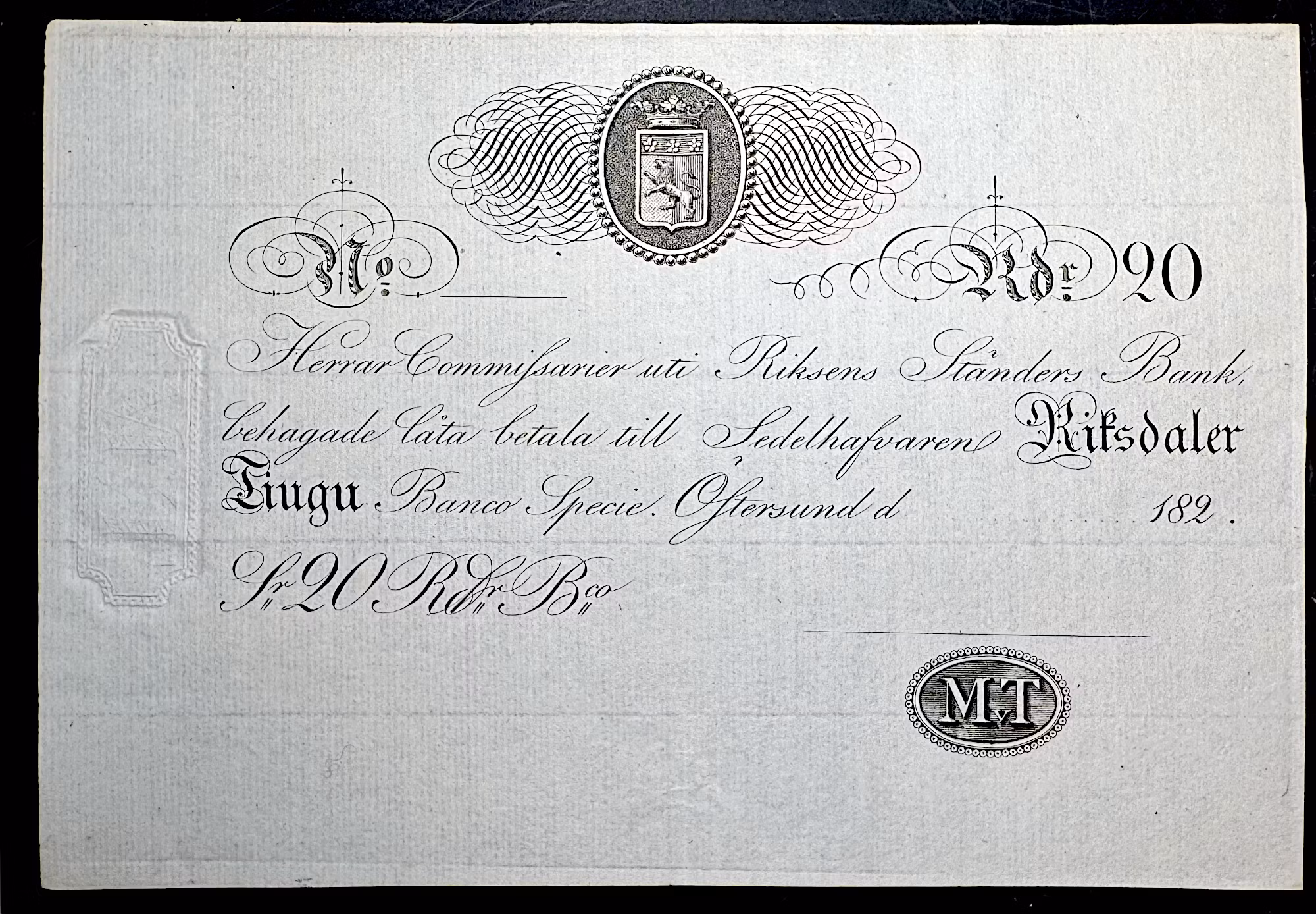 Assignationsblankett, 20 Riksdaler Banco Specie, Östersund 182_. Riksens Ständers Bank