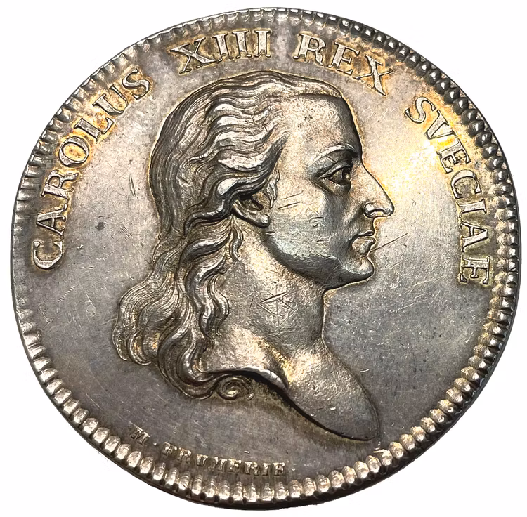 Karl XIII – Konungen som Kungliga Vetenskapsakademiens beskyddare 1809, präglad 1810 – SÄLLSYNT!