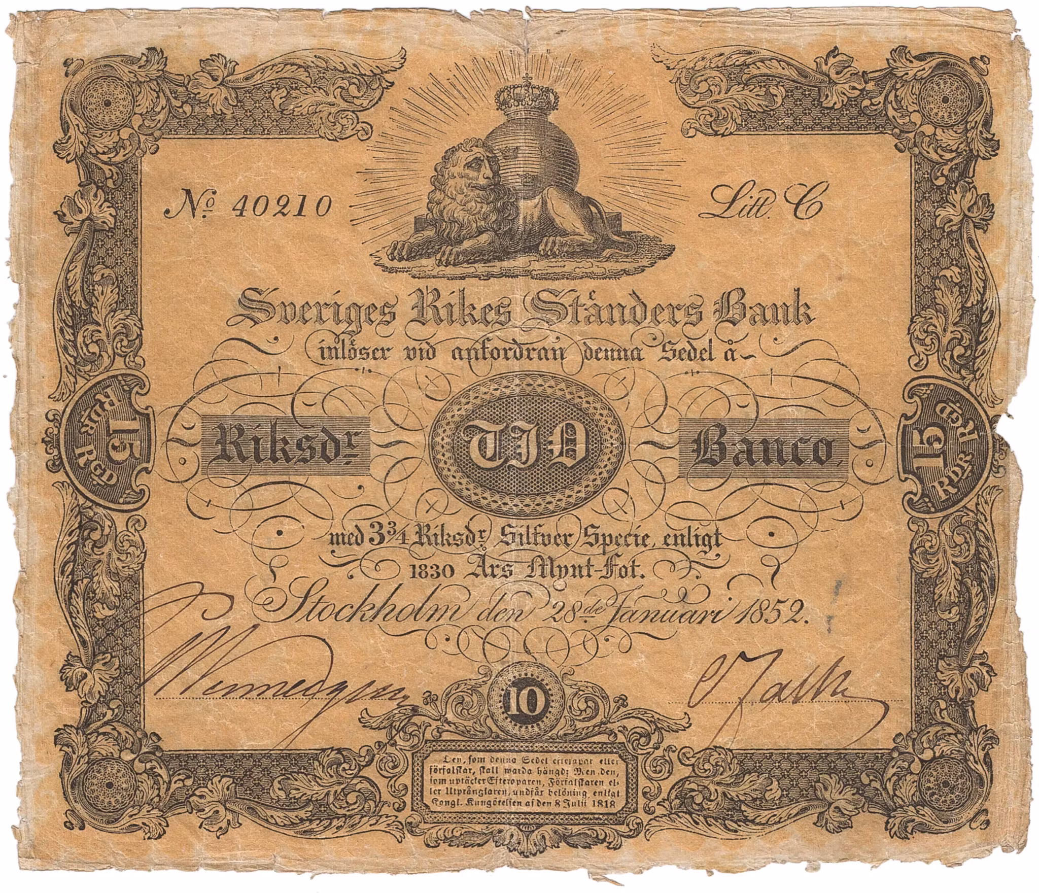 Sveriges Rikes Ständers Bank – 10 riksdaler banco 1852 – Mycket sällsynt