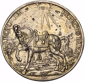 Gustav II Adolf - Fördraget i Bärwalde 1631 - Satirisk medaljpräglad Taler av Christian Maler - SÄLLSYNT