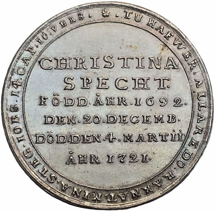 Christina Specht, Stockholm, Begravningsmedalj 1721 - Extremt sällsynt RRR - En bruten levnadsbana i silver